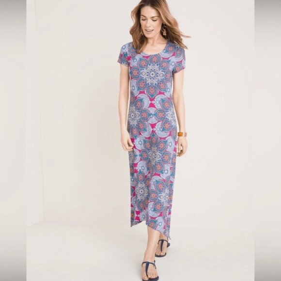 Chico's Dresses & Skirts - Chico's Medallion Cluster Print Midi Dress Sz 16/18 Multicolor Tie Back Stretch‎